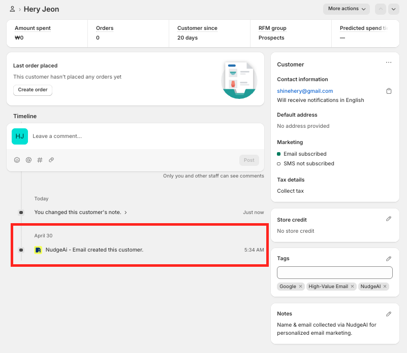 Shopify Customer Timeline - New Customer Created