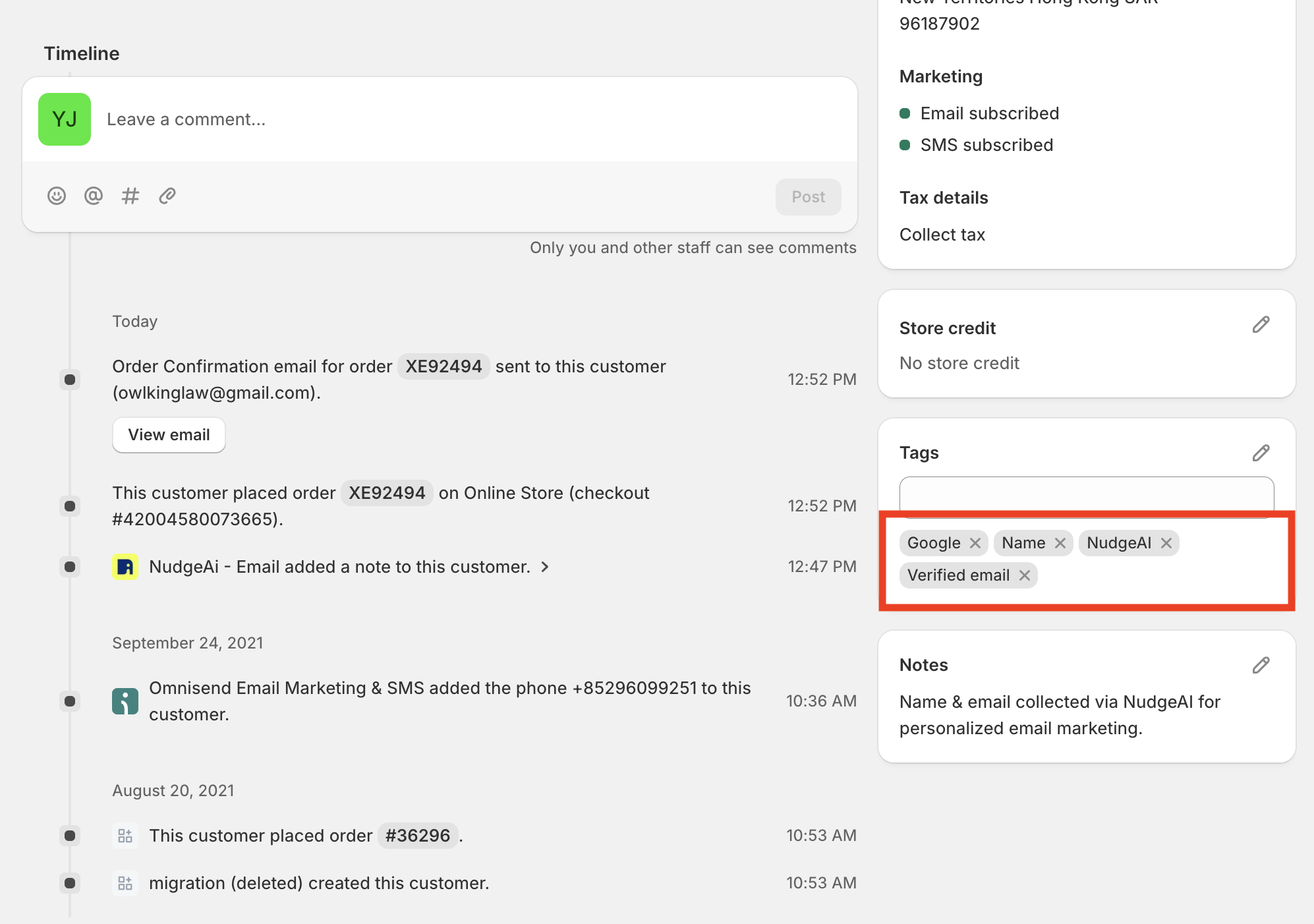 NudgeAI automatic tags in Shopify customer details