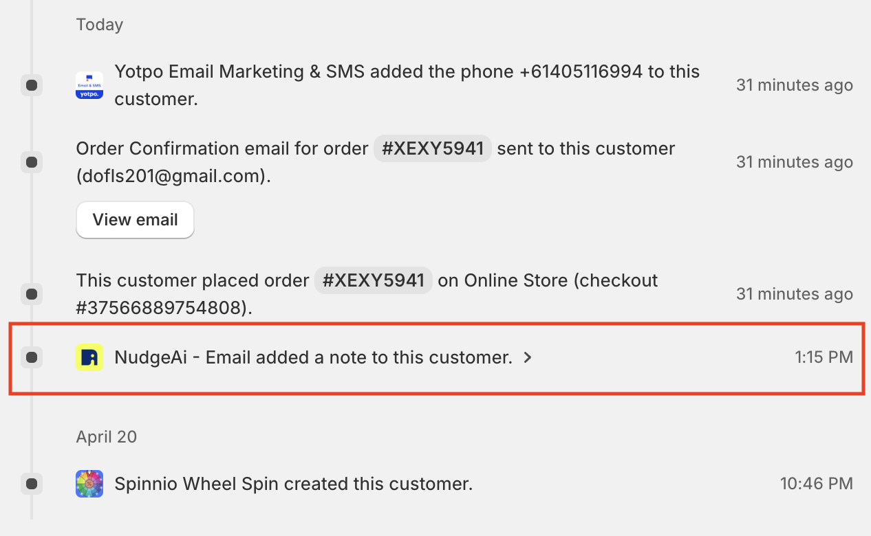 Shopify Customer Timeline - Existing Customer Note Added